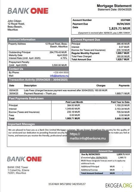 Modèle Word et PDF de relevé hypothécaire de Mauritius Bank One Limited